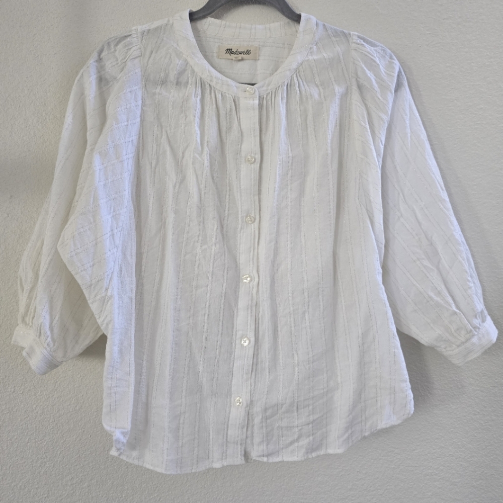 Madewell Women’s White & Silver Lightweight 3/4 Batwing Button Up
